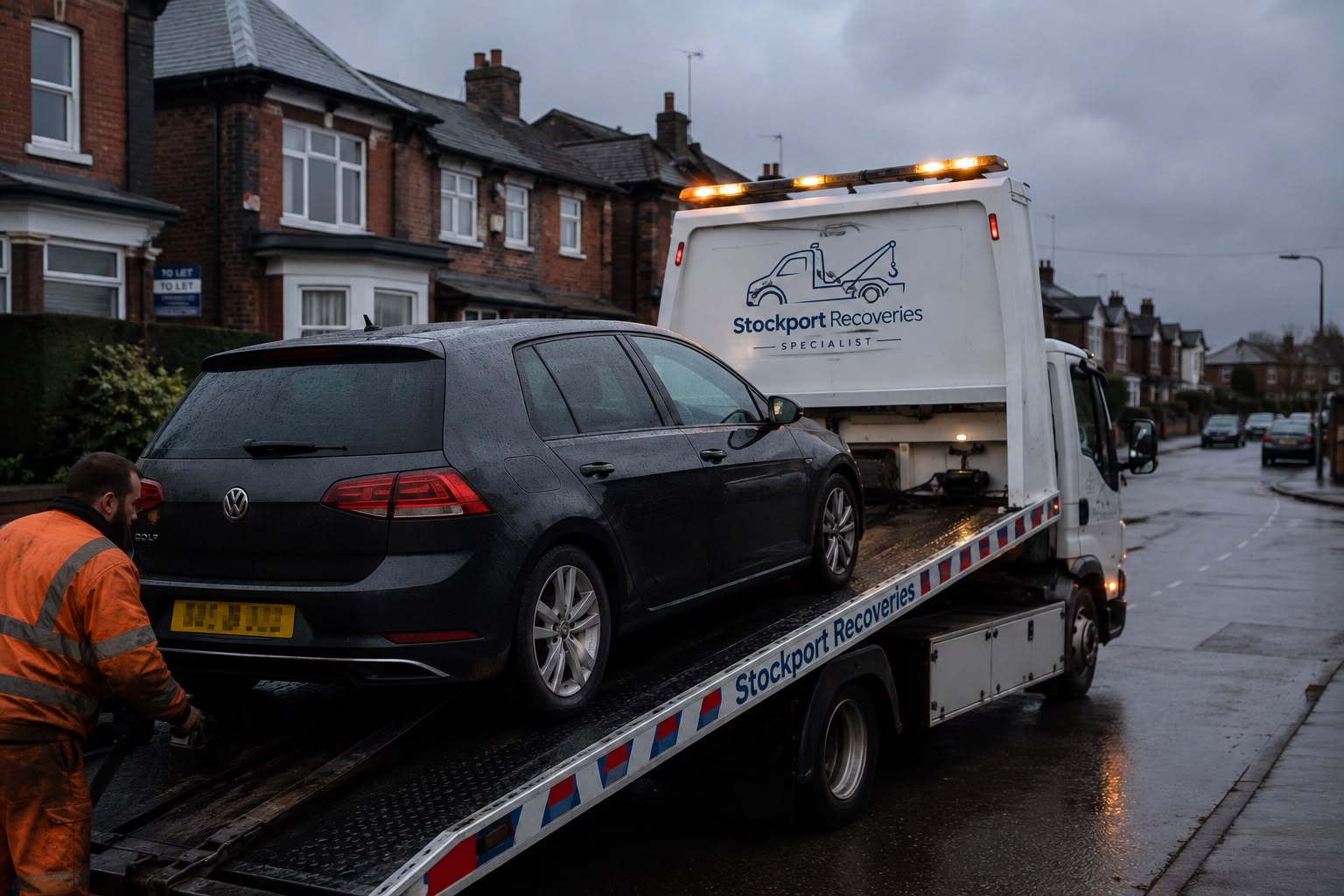 Stockport Recoveries flatbed truck recovering a Volkswagen on a Greater Manchester street